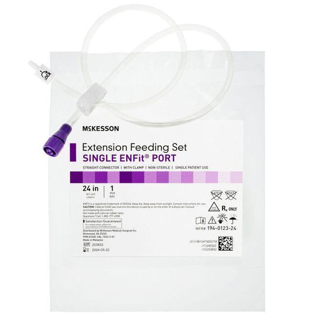 McKesson extension feeding set with clear tubing, single ENFit port, purple connector, in a white package.