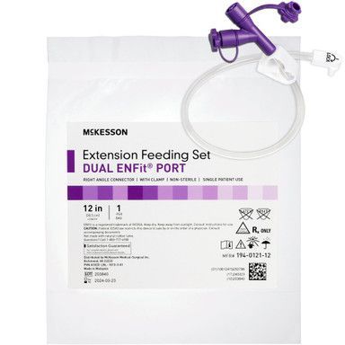 McKesson extension feeding set with dual ENFit port, 12-inch, in a white package.