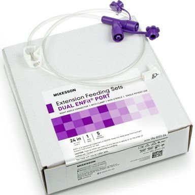 Box of McKesson Dual Enfit feeding sets. White box, purple connectors, clear tubing.