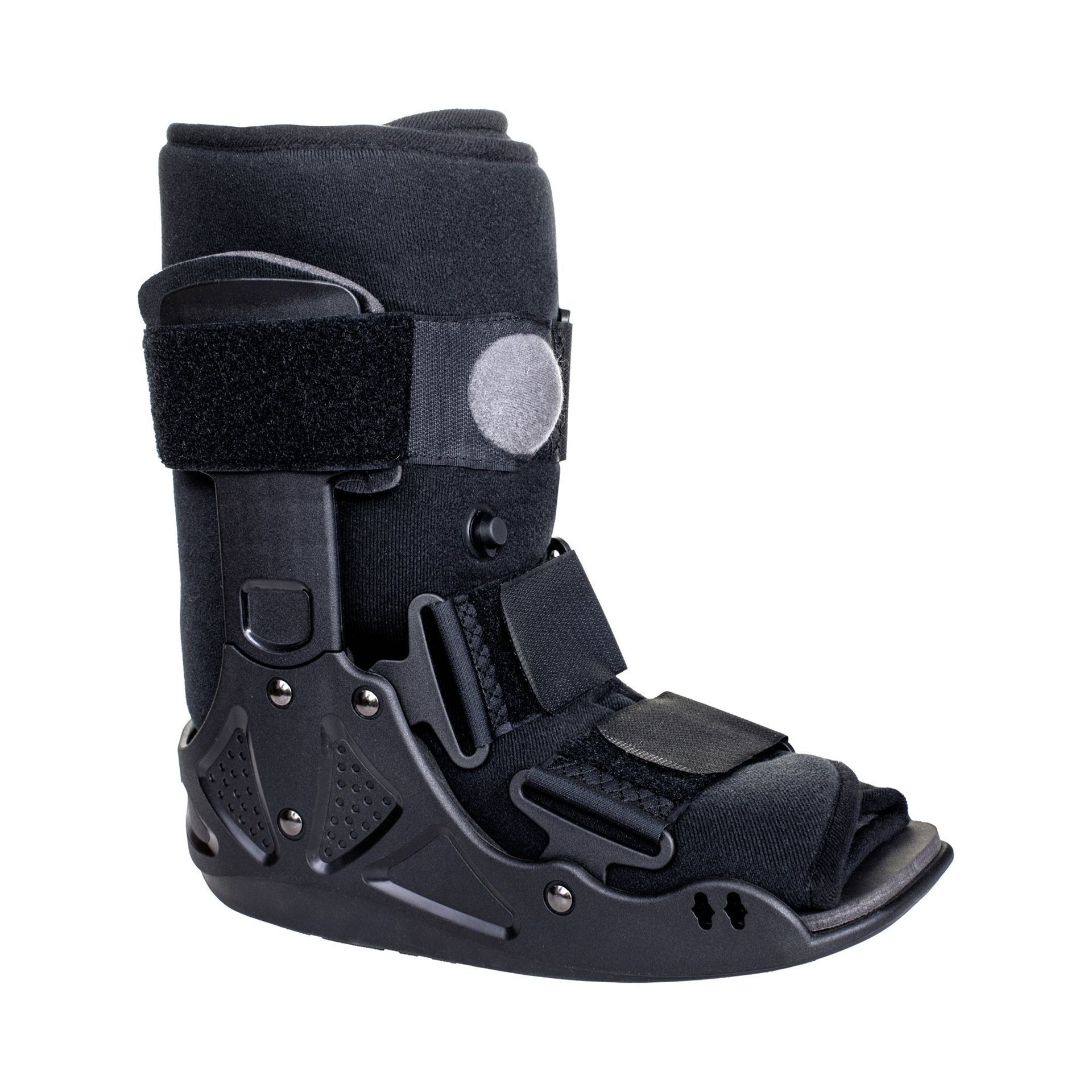 Black medical walking boot for foot or ankle injury.