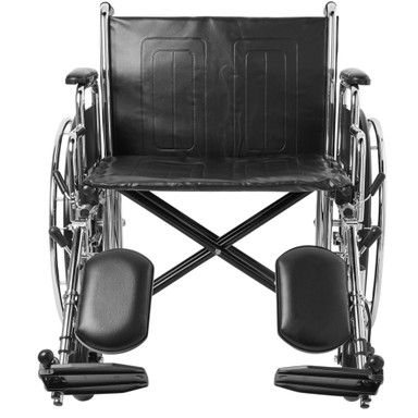 Black and chrome wheelchair, front view. Footrests and armrests visible.