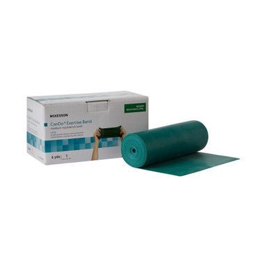 Green exercise band roll and box with product label.