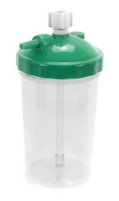 Oxygen humidifier bottle, clear with green cap and white knob.