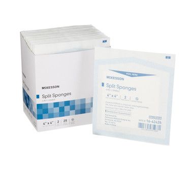 Box and package of McKesson split sponges, sterile, white.