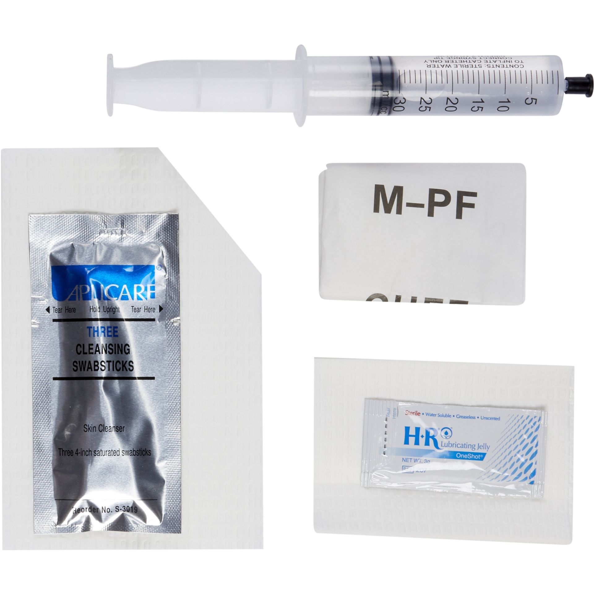Medical supplies: syringe, antiseptic wipes, gauze pads, and cleaning sponge.