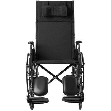 Black wheelchair with padded seat, backrest, headrest, and footrests.