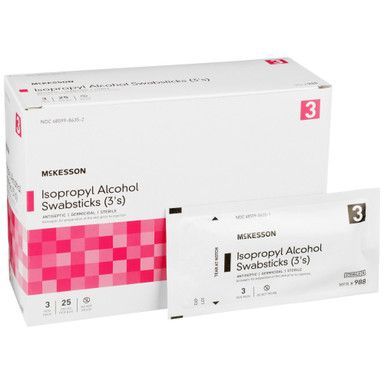 Box and packet of McKesson isopropyl alcohol swabsticks. White and pink packaging, 