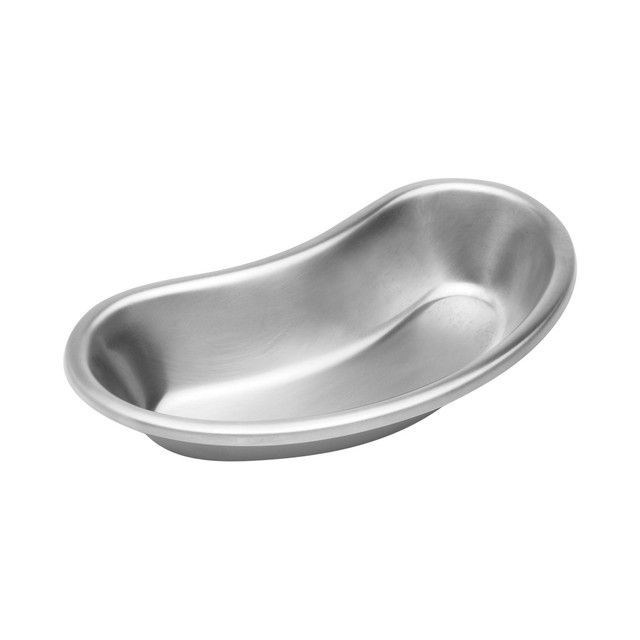 Kidney-shaped stainless steel medical tray.