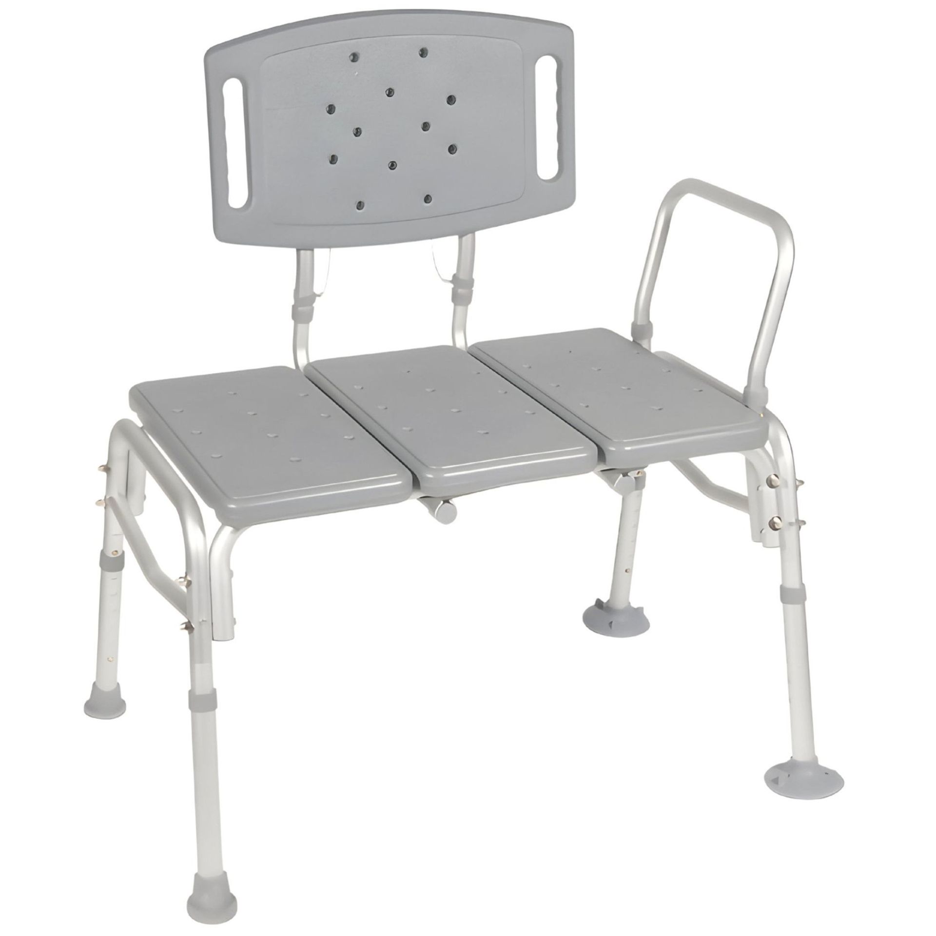 Gray and silver adjustable shower bench with back and armrest for accessibility.