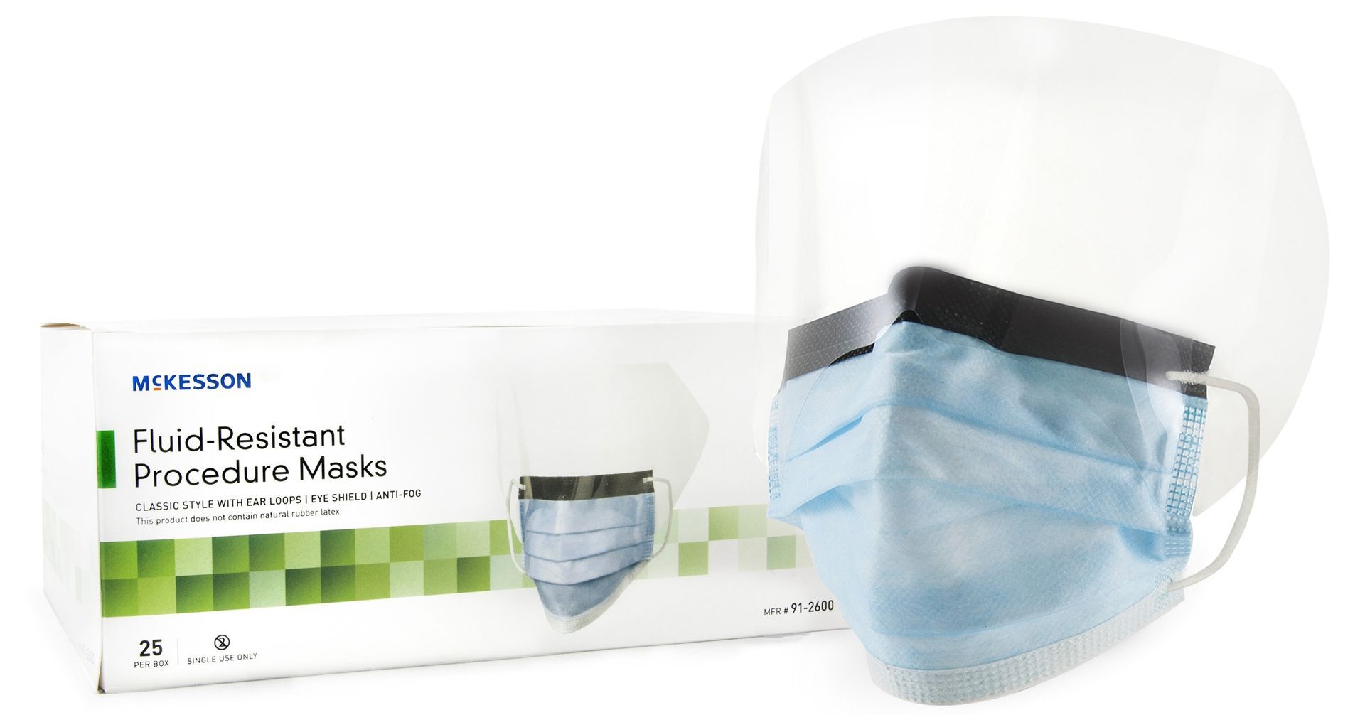 Box of fluid-resistant procedure masks with a blue mask in front of the box and a clear plastic face shield.