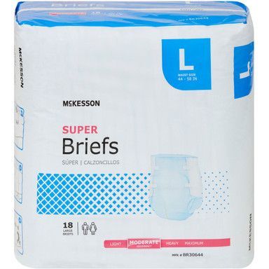 McKesson Super Briefs, L size, 18 count, for moderate to heavy absorbency, white packaging with blue accents.
