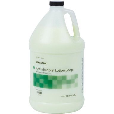 Gallon jug of McKesson antimicrobial lotion soap. Green and white label; black cap.