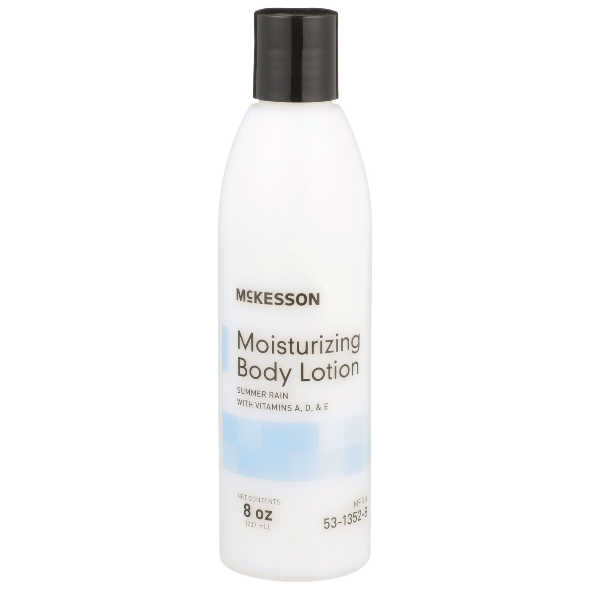 White bottle of McKesson moisturizing body lotion with black cap; 8 oz.