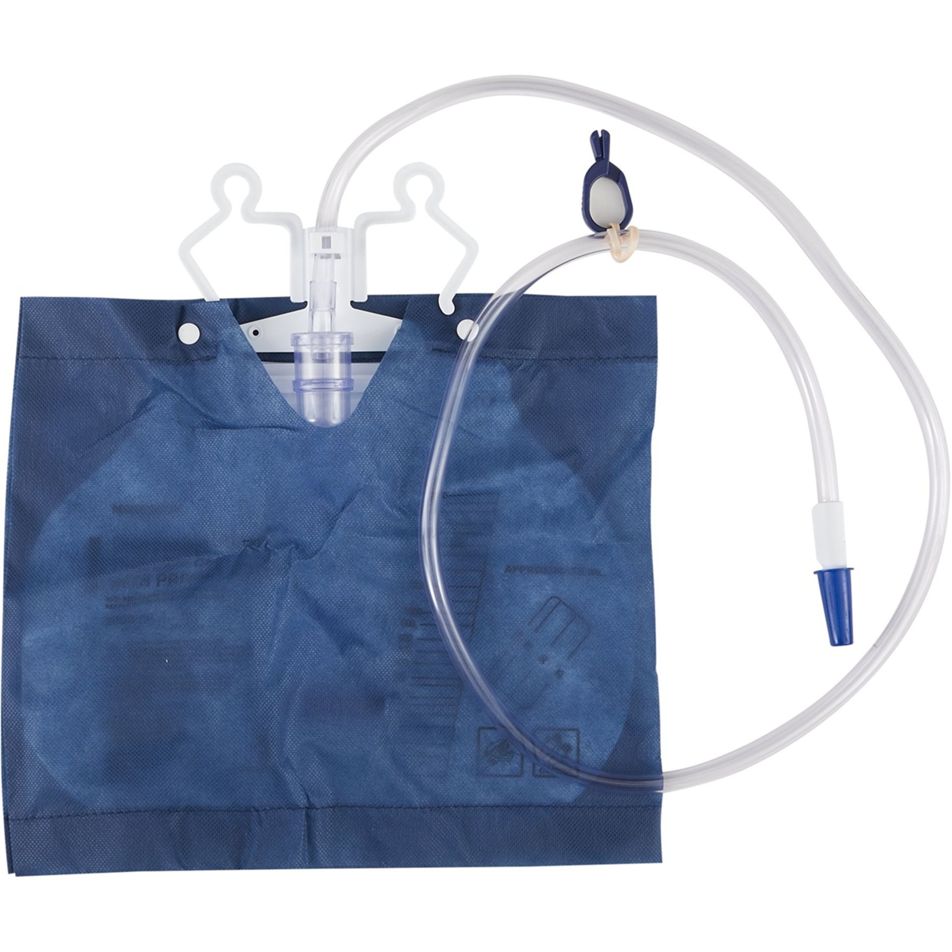 Blue urine drainage bag with tubing and a hanging mechanism.