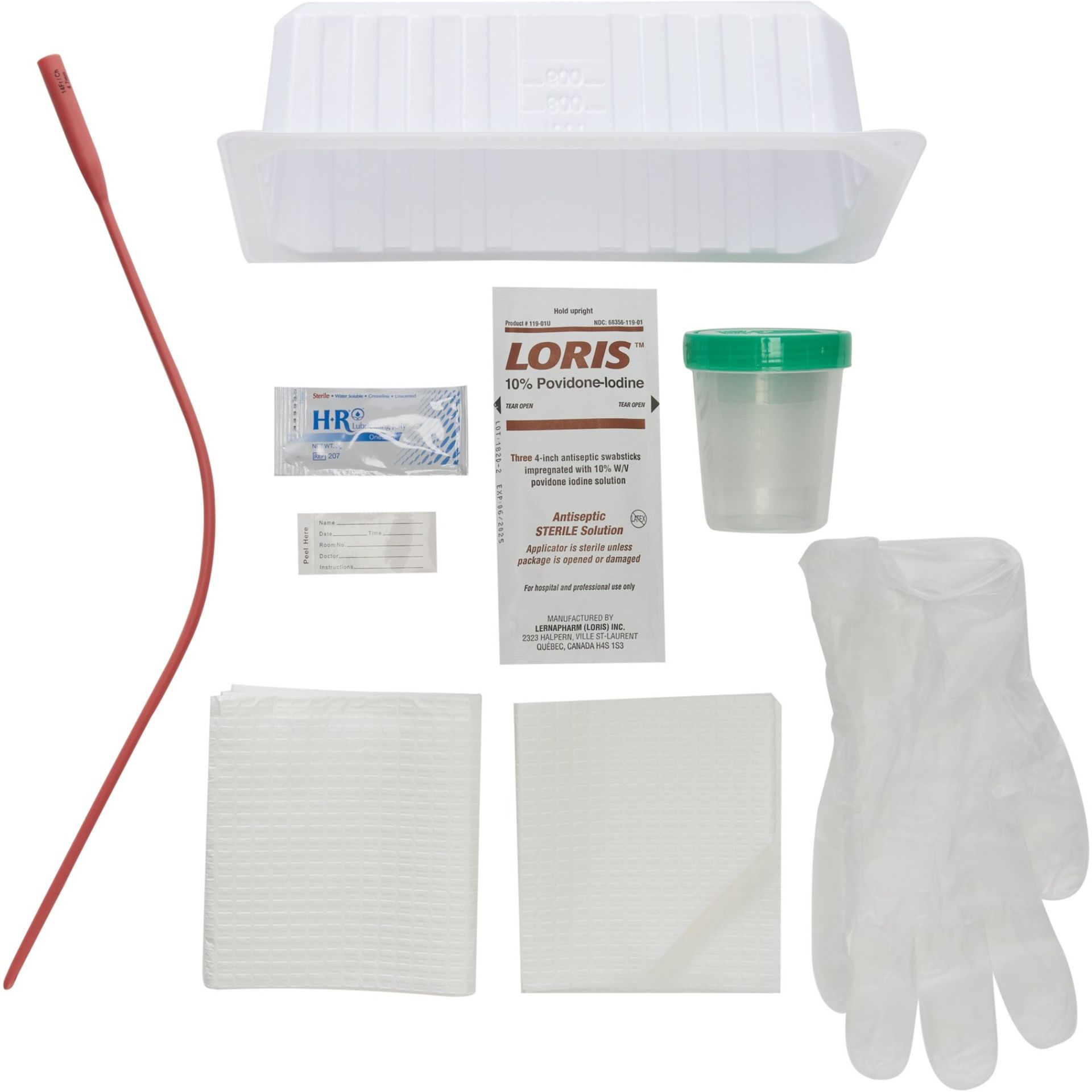 Medical catheterization kit with catheter, gloves, container, wipes, and tray.