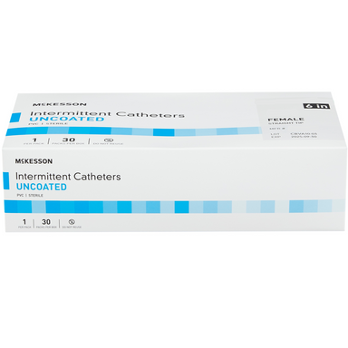 Box of McKesson intermittent female catheters; white and blue with product details.