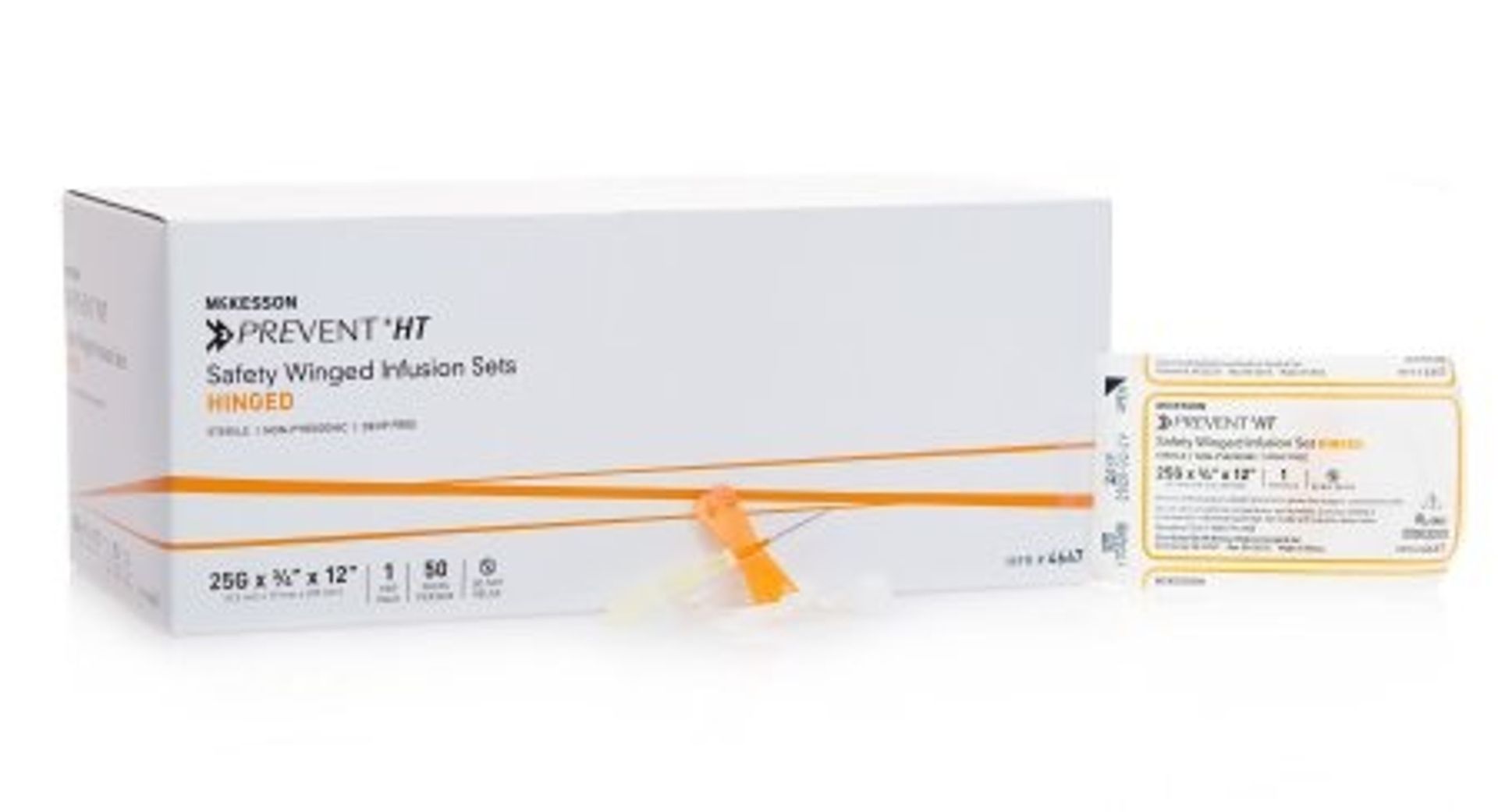 Box of McKesson Prevent W Safety Winged Infusion Sets, with individual set shown.