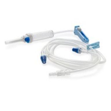 IV infusion set with clear tubing, blue clamps and connectors.