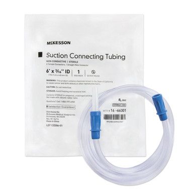 McKesson suction connecting tubing with a clear plastic tube and blue connectors, in packaging.