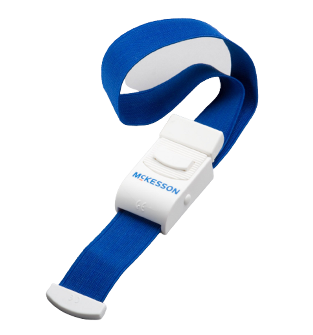 Blue and white McKesson tourniquet for medical use.