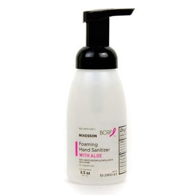 Foaming hand sanitizer with black pump dispenser, white bottle, pink accents, and aloe.