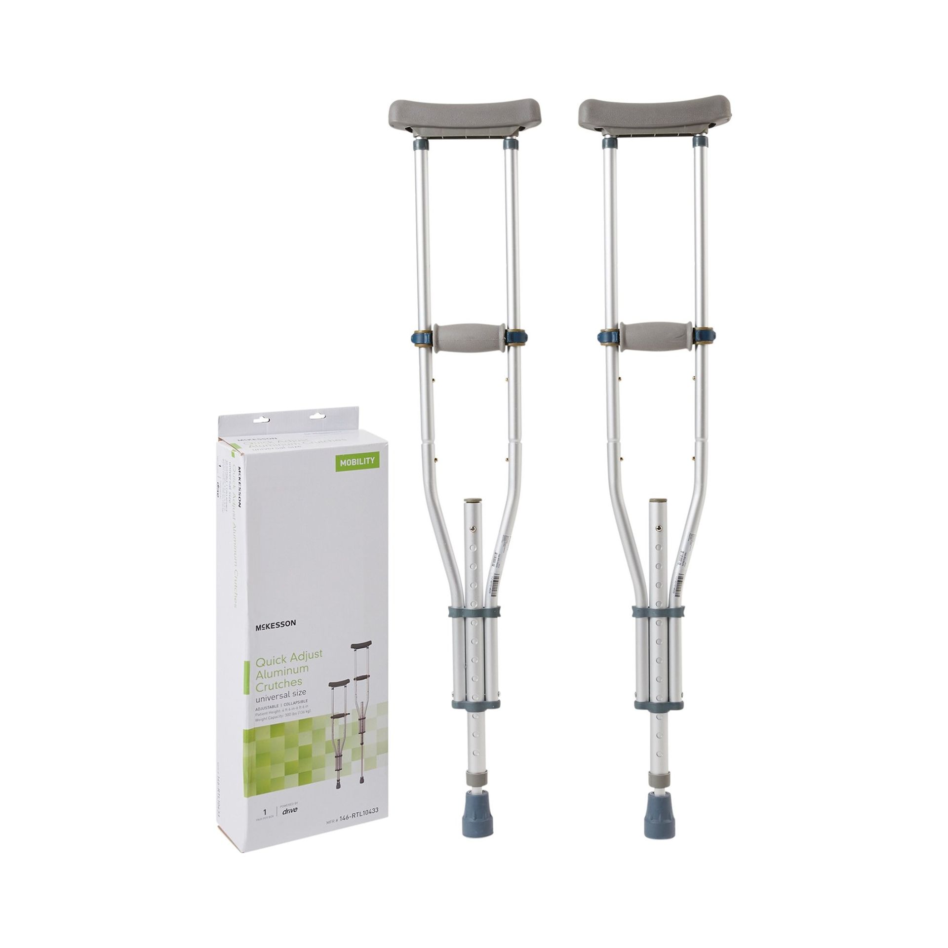 Pair of adjustable silver crutches with gray armrests and a white box, on white background.