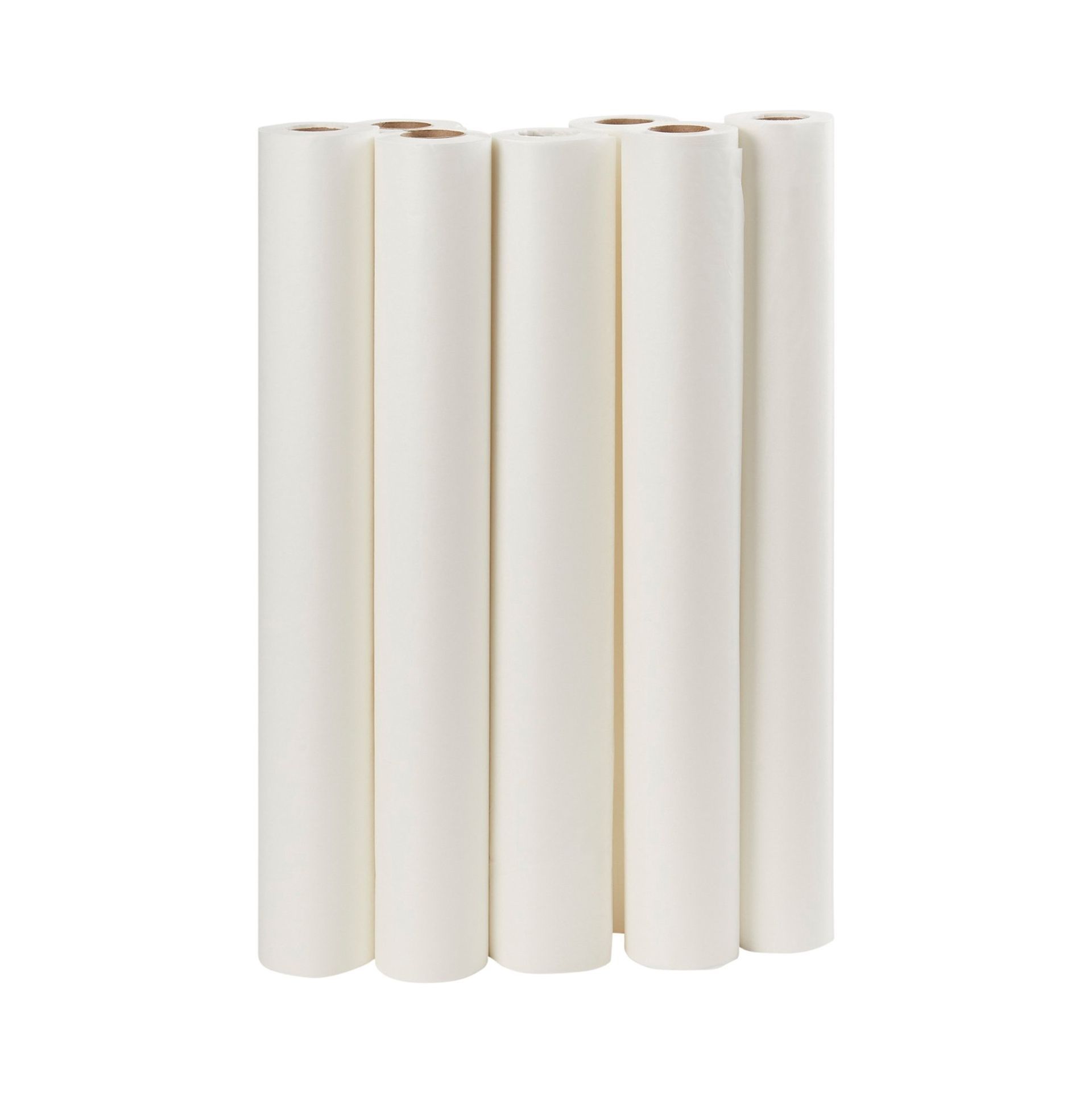 Six rolls of white paper standing upright.