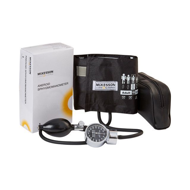 Blood pressure monitor kit: black cuff, gauge, bulb, and box.