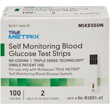 Box of McKesson True Metrix self-monitoring blood glucose test strips with 