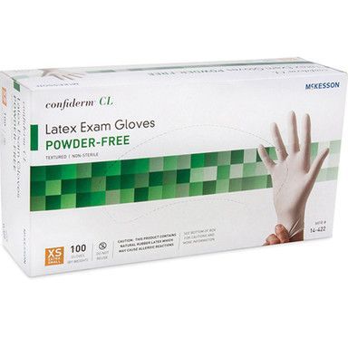 Box of powder-free latex exam gloves, McKesson brand, with XS size indicated.