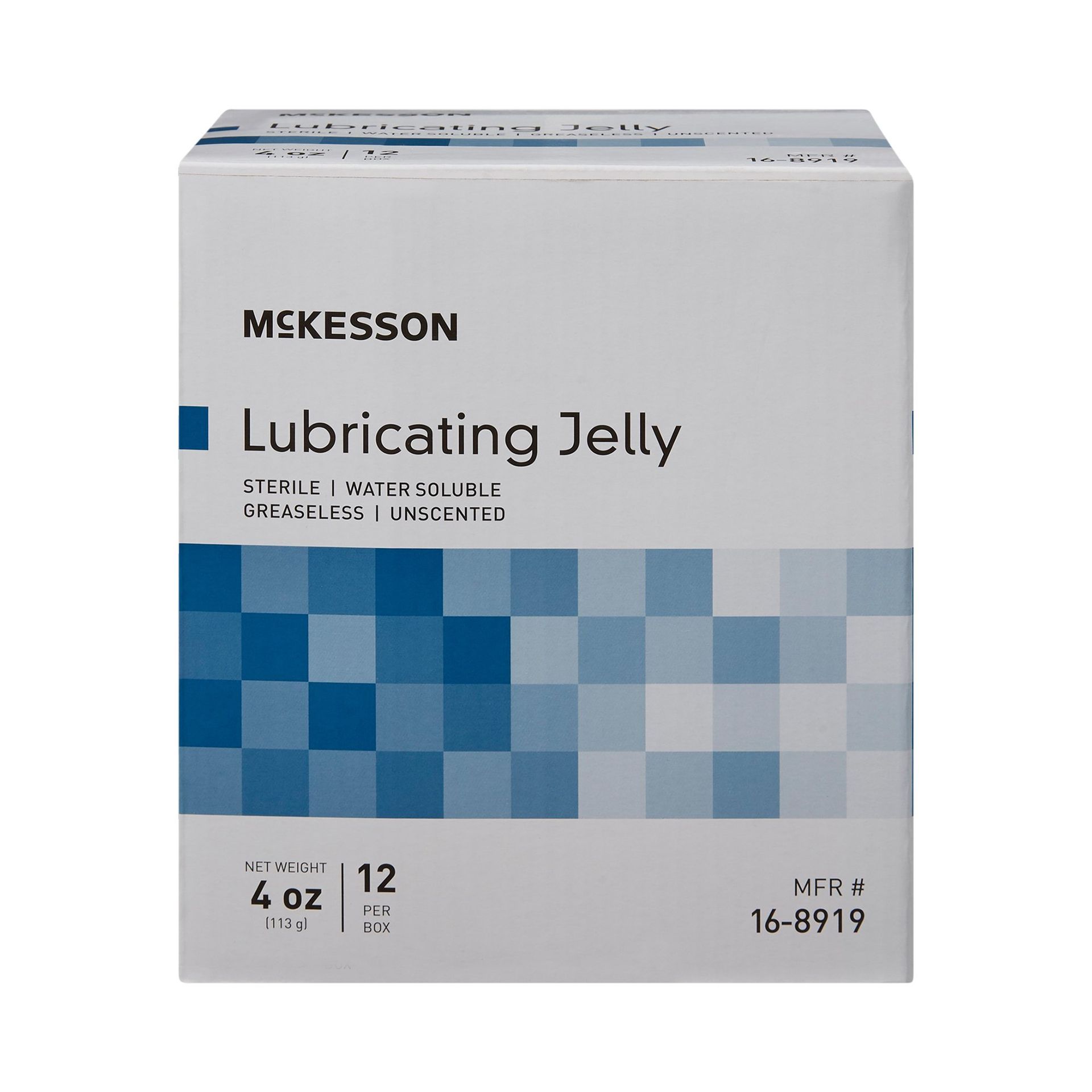 Box of McKesson lubricating jelly, sterile, unscented. White box with blue square pattern. 4 oz, 12/box.