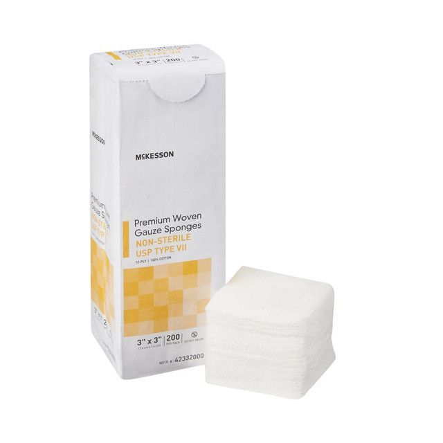 Box of white medical gauze sponges, labeled 