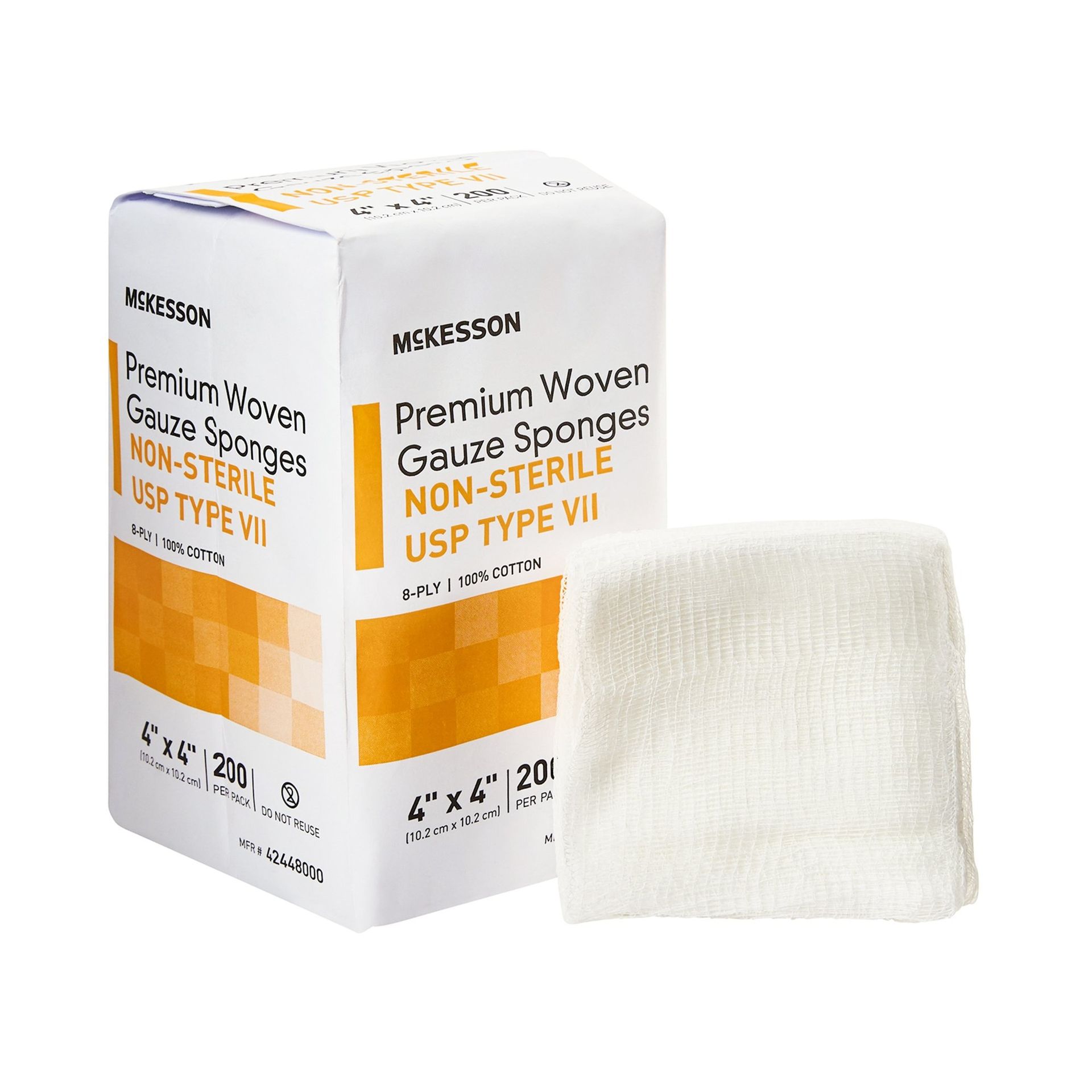 Box of non-sterile, woven gauze sponges with one sponge next to the box, all white.
