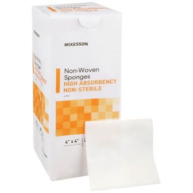 Box of non-woven, high-absorbency, non-sterile McKesson sponges, with a sponge beside it.