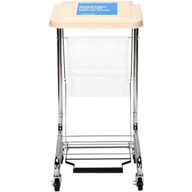 A metal laundry hamper with a beige lid and a clear bag, on wheels.
