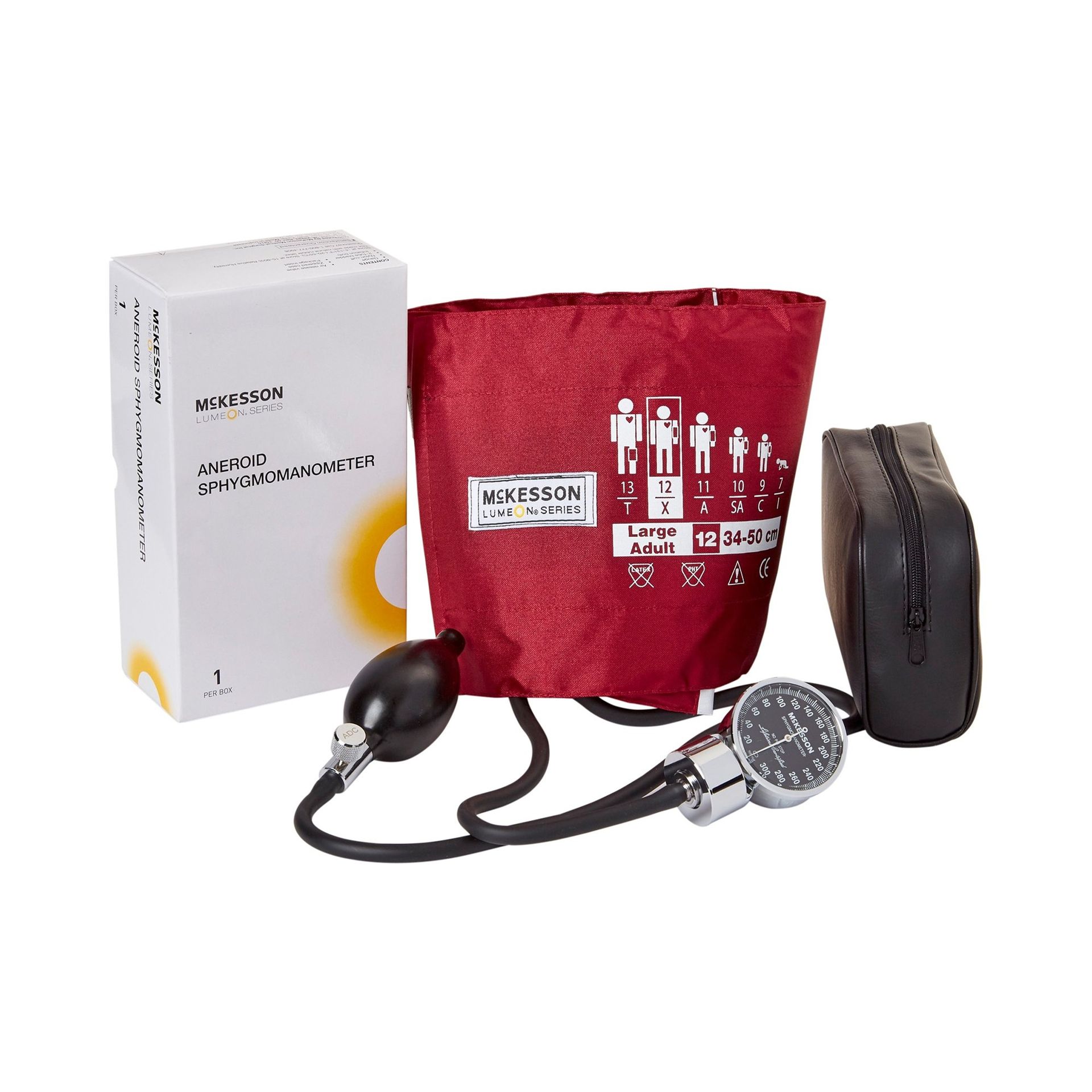 Blood pressure monitor kit with a red cuff, gauge, and pump.