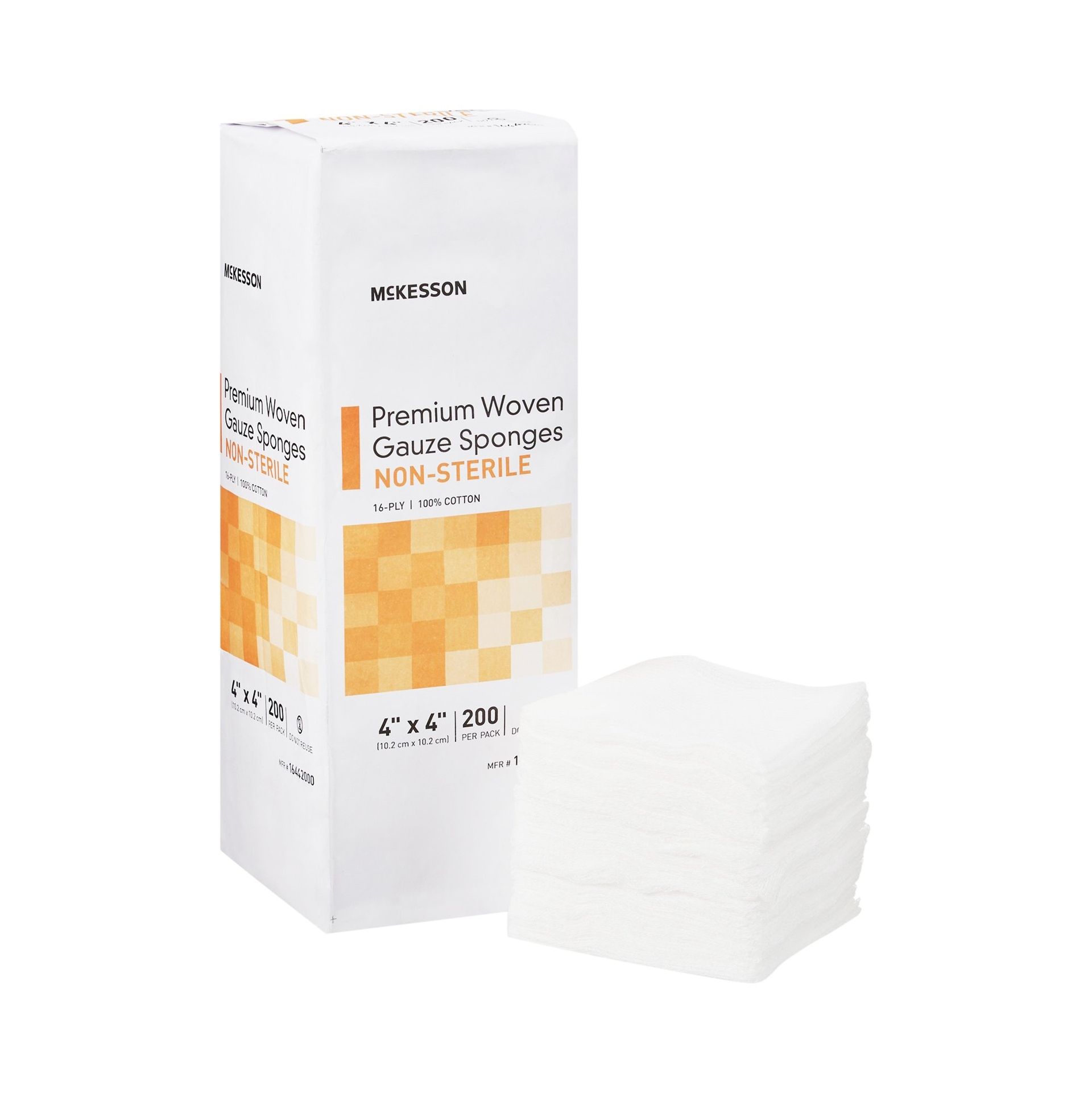 Box of non-sterile gauze sponges next to a stack of gauze pads. White box and sponges, orange accent colors.