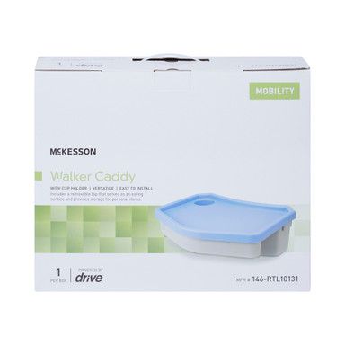 Boxed McKesson walker caddy. White box, blue/grey tray, cup holder, green accent. 