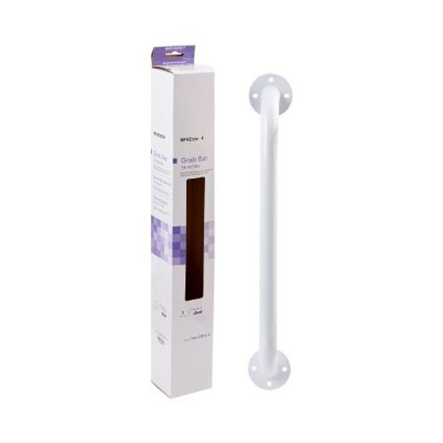 White grab bar next to its packaging on a white background.