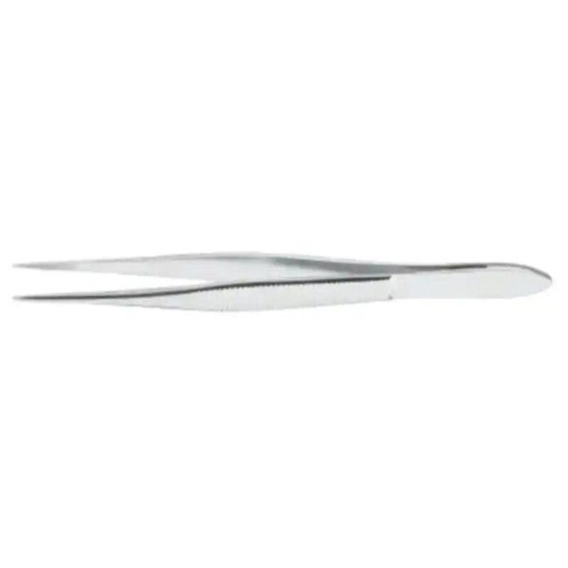 Silver surgical tweezers, straight and pointed.