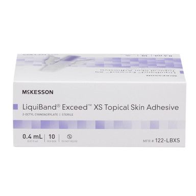 Box of McKesson LiquiBand Exceed XS topical skin adhesive, white and purple, with product details.