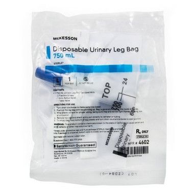McKesson disposable urinary leg bag, 750mL, packaged in clear plastic. Includes bag, tube, and instructions.