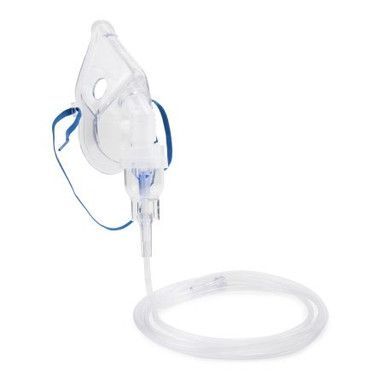 Clear plastic nebulizer mask with attached tubing, and blue elastic straps.
