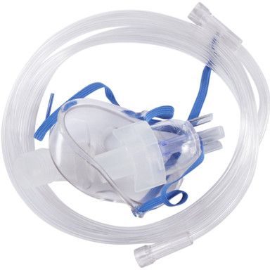 Clear plastic oxygen mask with blue straps and tubing.