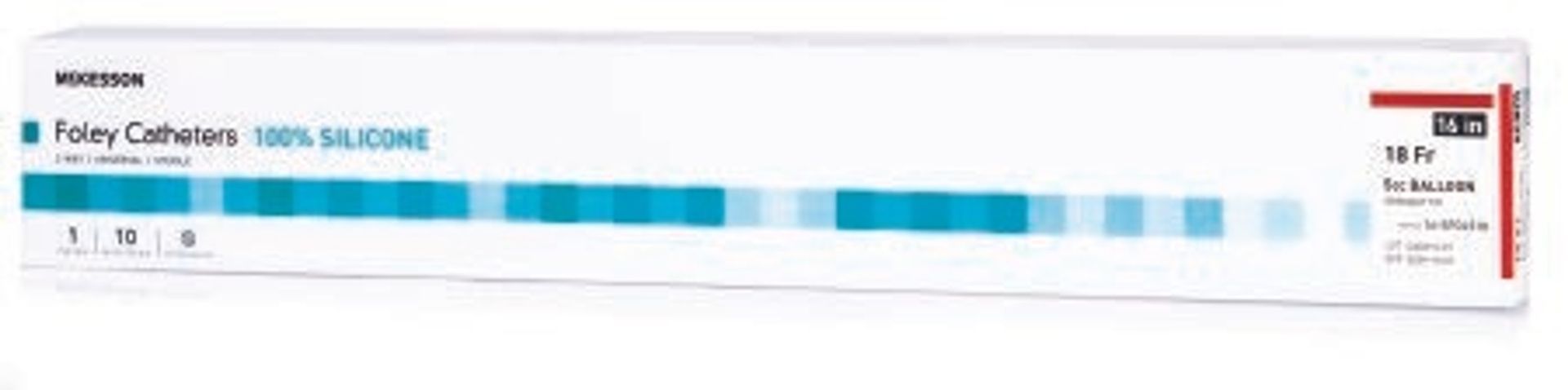 Box of Foley catheters. White and teal packaging with red and white details.