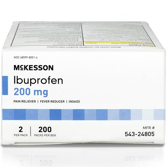 Box of McKesson Ibuprofen 200mg tablets. White box with blue text. Pain reliever & fever reducer.