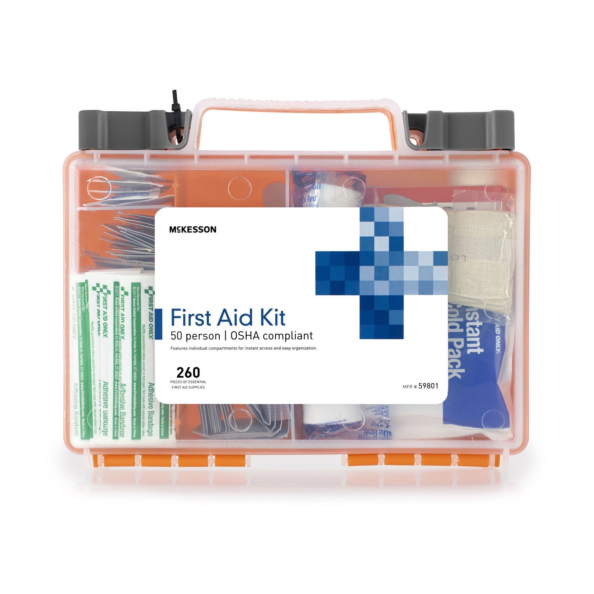 Orange first aid kit with gray handle and contents visible, including bandages and medical supplies.