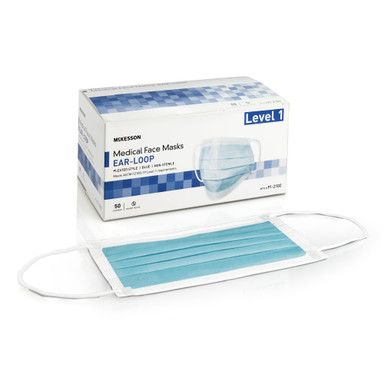 Box of blue medical face masks with ear loops, and a single mask displayed in front.