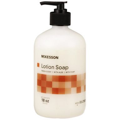 White McKesson lotion soap bottle with black pump, orange label, 18 oz.