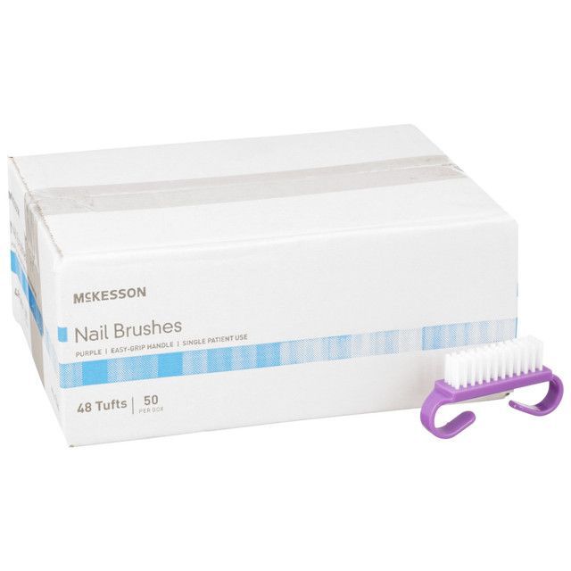 Box of McKesson nail brushes, white box with purple and white brushes.